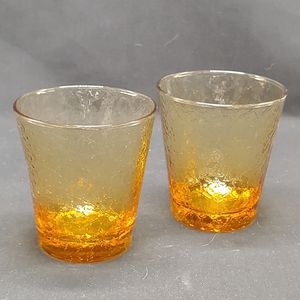 Pair of Vintage Amber Crackle GlassTumblers